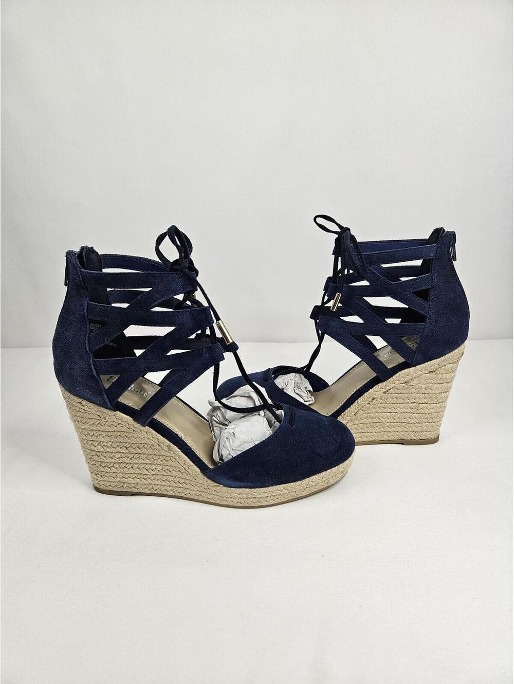 Limelight Sadie Navy Suede Wedge Sandals with Lace-Up Detail Size 8M